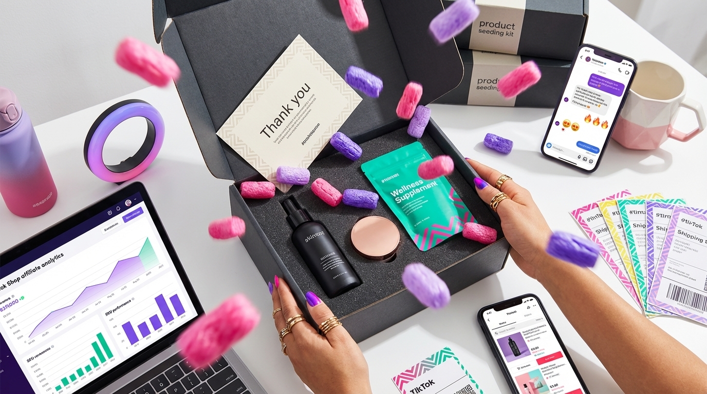 Exciting TikTok Shop product seeding unboxing with creator partnership messages and affiliate analytics