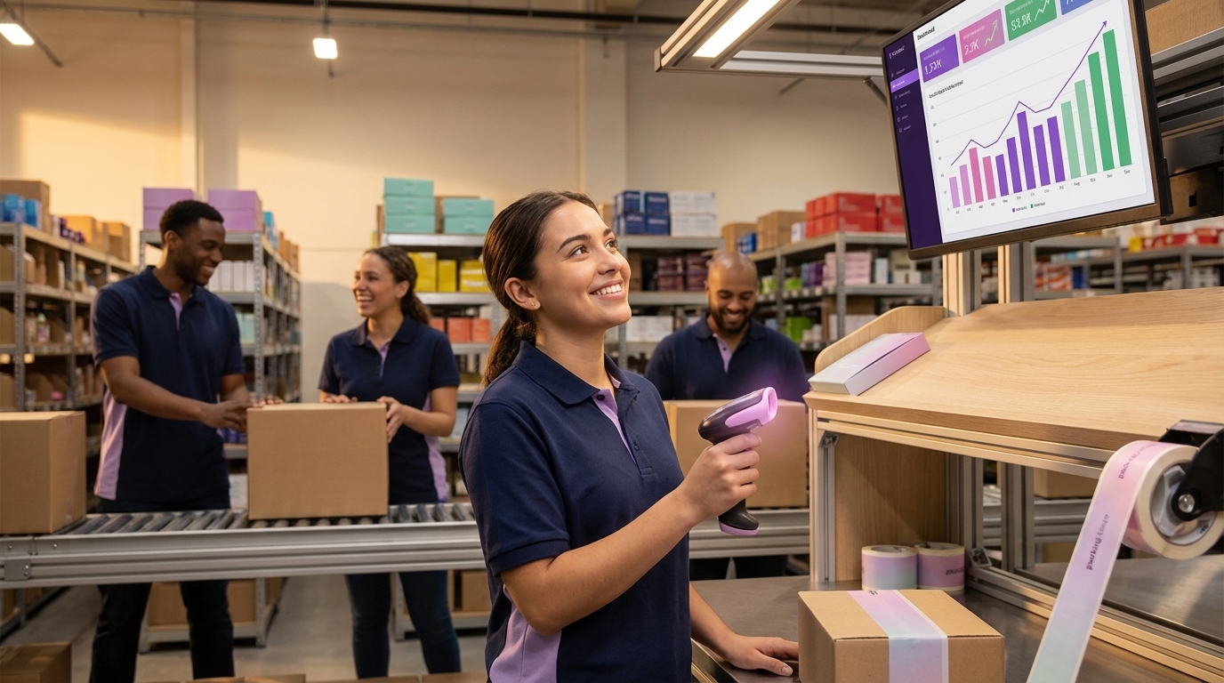 Organized TikTok Shop fulfillment warehouse with category-sorted inventory and real-time order dashboard