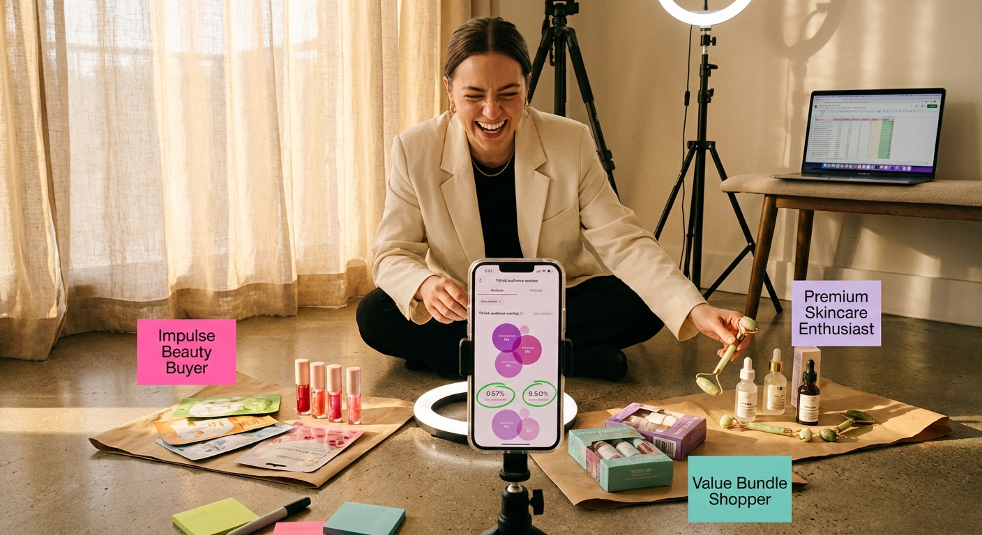 TikTok Shop brand manager organizing products into audience-defined clusters with persona labels and overlap analysis on phone
