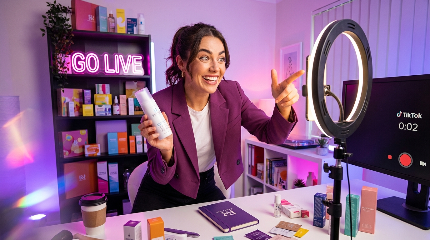 Content creator filming an energetic TikTok Shop ad hook in a professional ring light studio setup