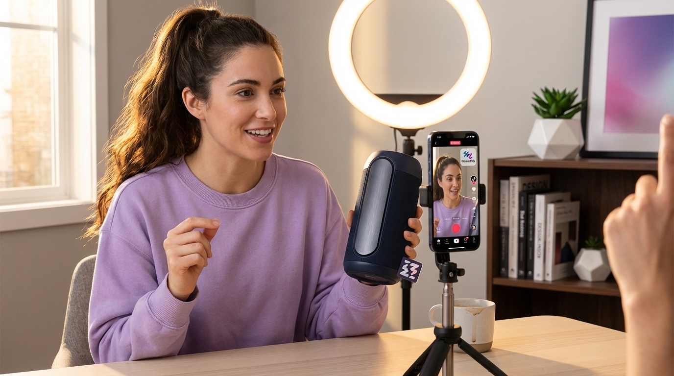 Energetic creator filming a winning TikTok Shop ad creative with a compelling hook.