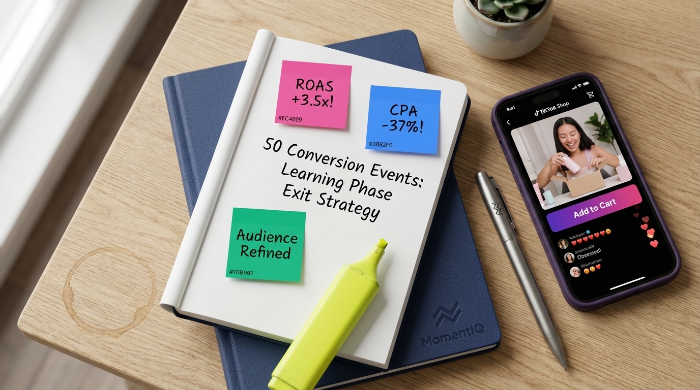 Flat lay of a TikTok Shop strategist's notebook detailing learning phase exit strategy.