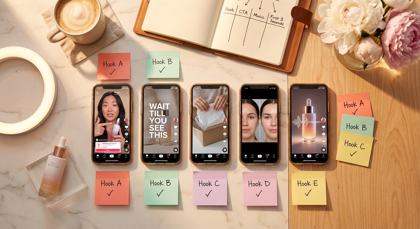 Flat lay of organized TikTok Shop A/B testing workspace with multiple ad variations on phones and testing notes