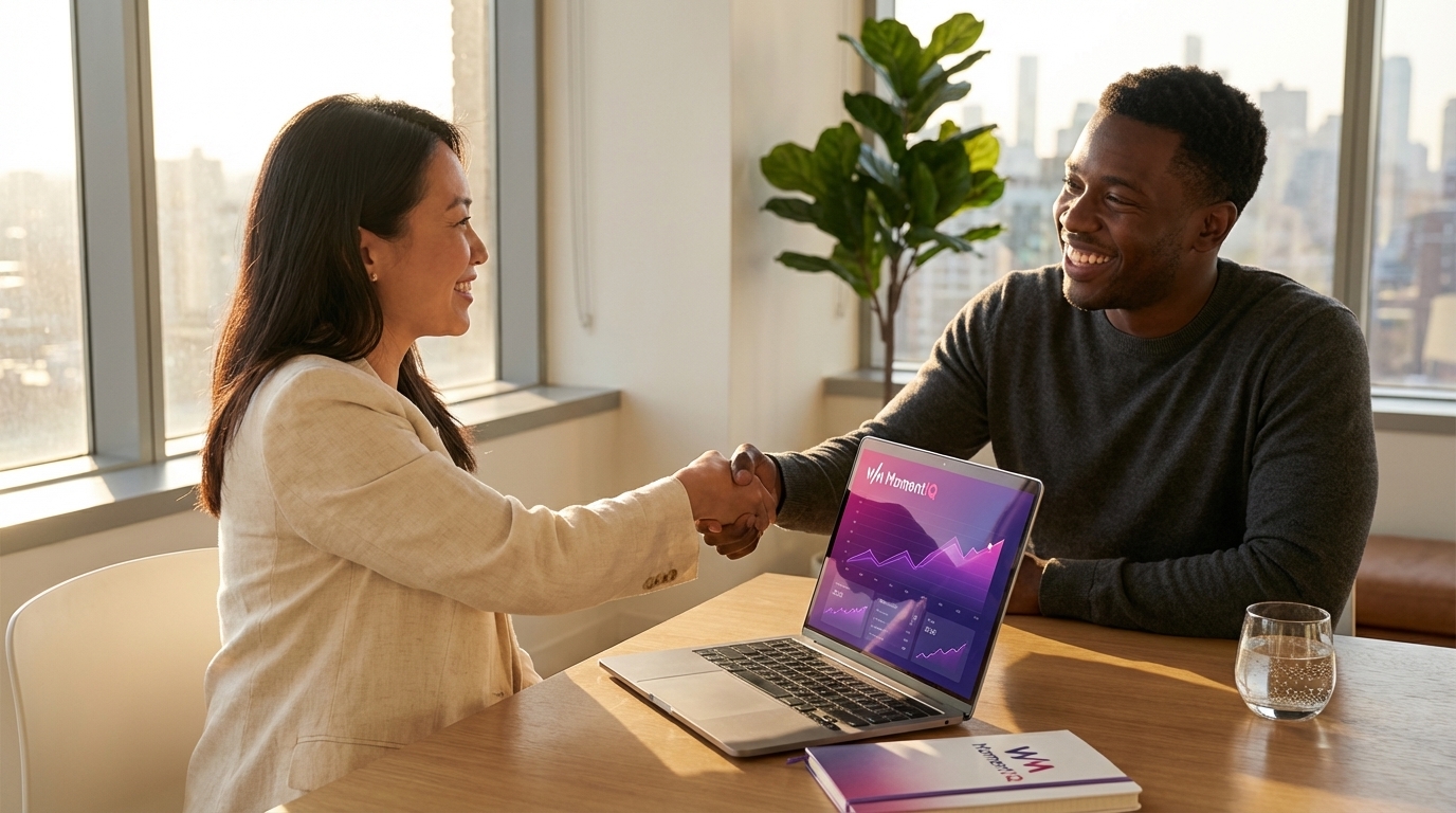 MomentIQ strategist shaking hands with a delighted client over TikTok Shop growth report.