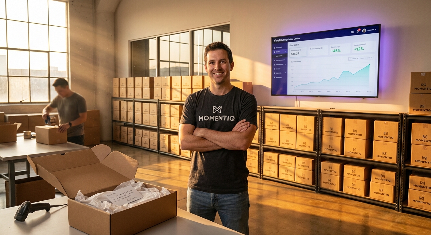 Successful TikTok Shop entrepreneur standing proudly in organized fulfillment warehouse with scaling order dashboard