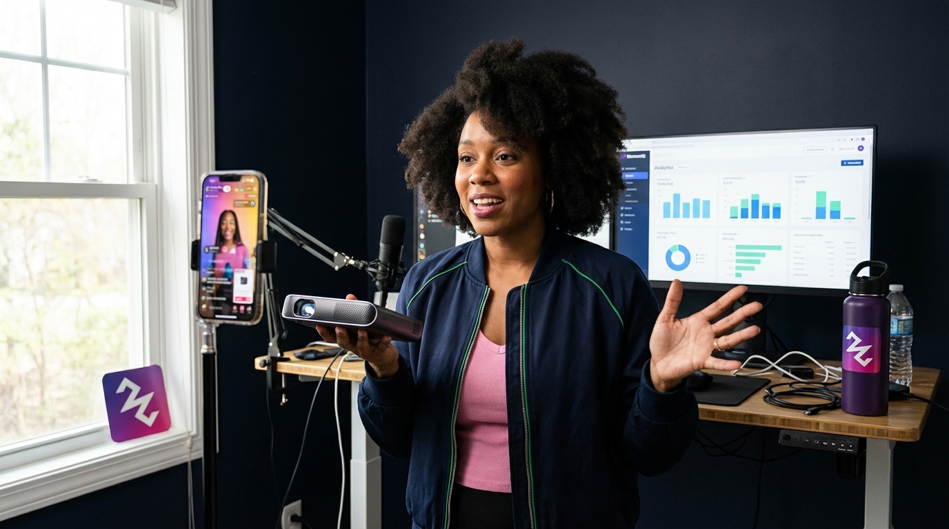 Confident TikTok Shop creator filming an engaging product video in her home studio