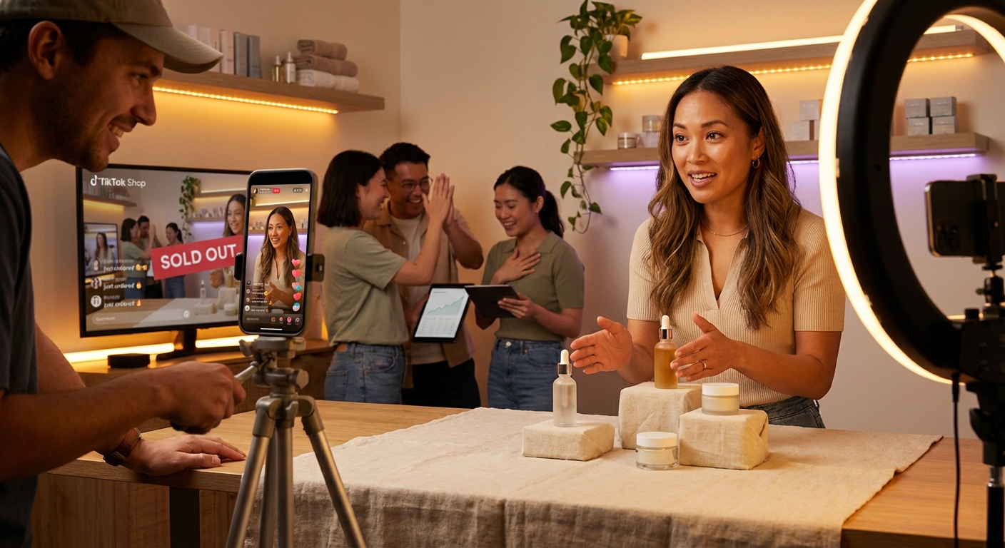 Energetic TikTok Shop live shopping stream with host presenting products as viewer count and sales surge on screen