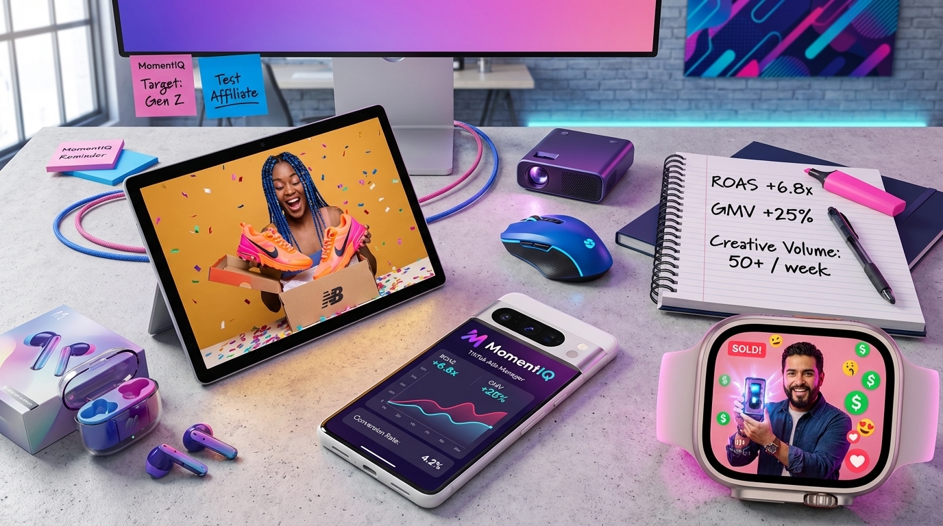 Flat lay of TikTok Shop campaign types including Spark Ads, live shopping, and product ads on multiple devices with branded products