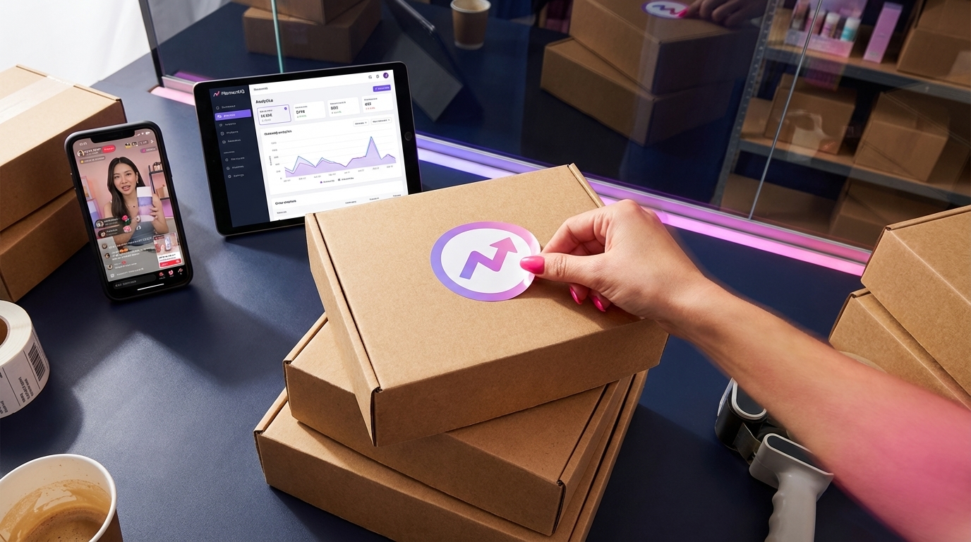 Flat lay of TikTok Shop product listing with glowing reviews and branded shipping materials