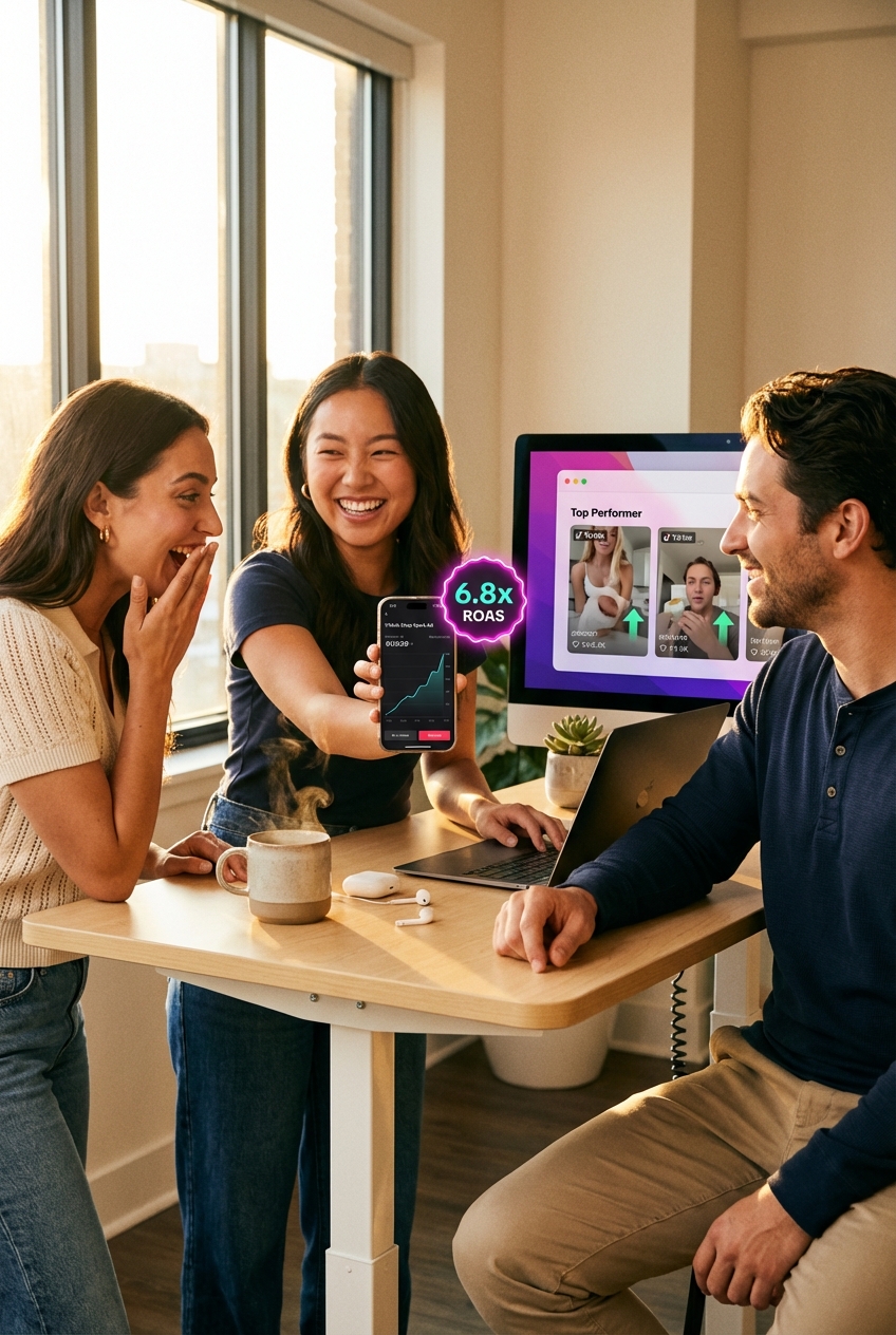 Marketing team excitedly scaling a high-performing TikTok Shop Spark Ad showing 6.8x ROAS on phone screen
