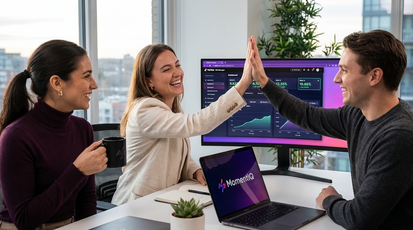 TikTok Shop brand team celebrating successful comment pinning strategy with 2X click results on screen