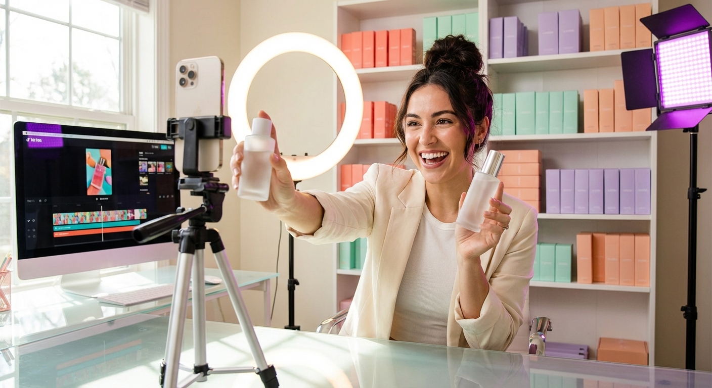 TikTok Shop creator confidently filming product video with pinned social proof comment visible on phone screen
