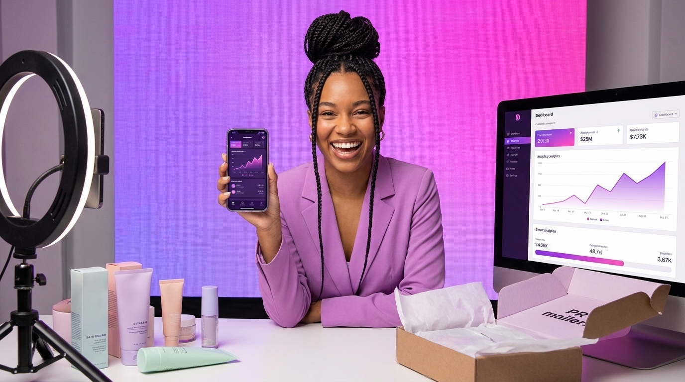 Beauty creator reviewing TikTok Shop video with text overlays and brand partnership message showing strong sales