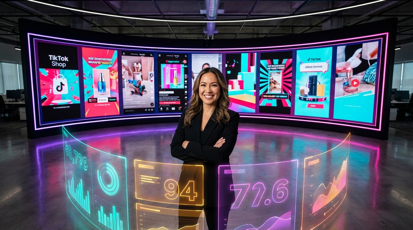 Brand founder standing confidently before screens showing TikTok Shop ads with text overlay performance metrics