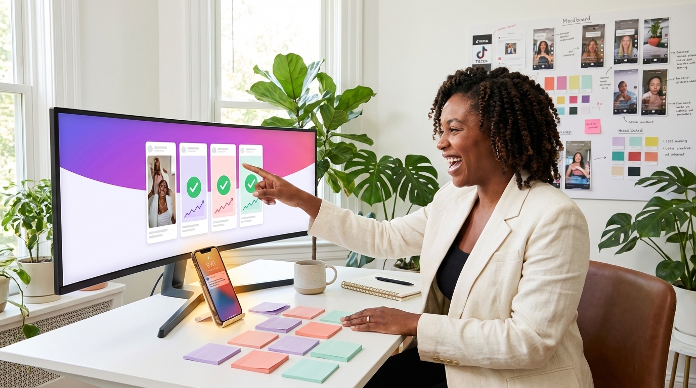 Brand marketer reviewing winning TikTok Shop ad copy variations with revenue milestone on phone in home office