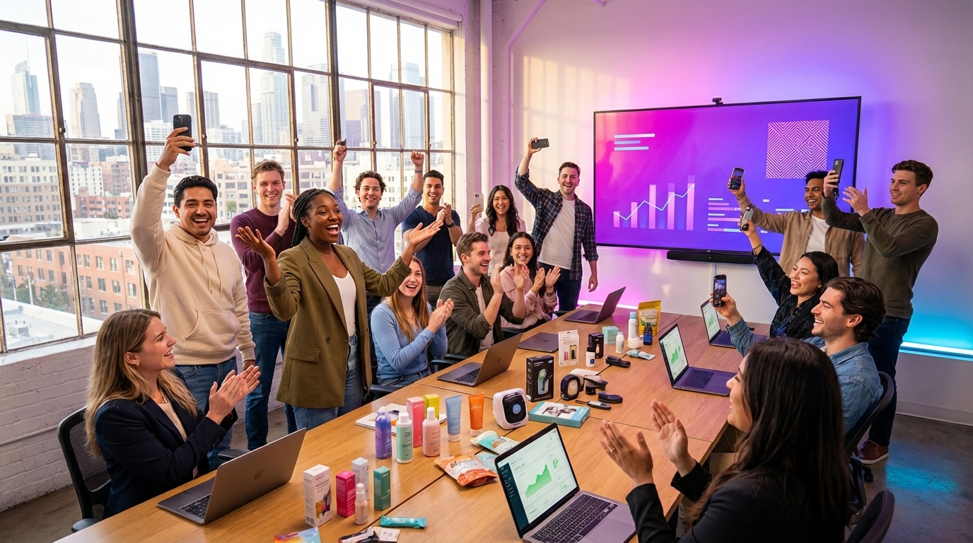 Diverse TikTok Shop sellers and creators at strategy session reviewing 21 ad copy formulas for 2025