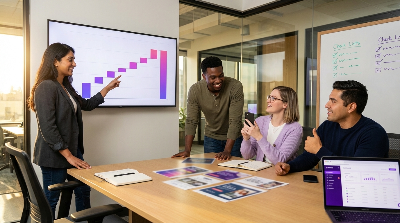 Growth marketing team reviewing TikTok Shop ad copy formulas with revenue growth chart on conference room screen