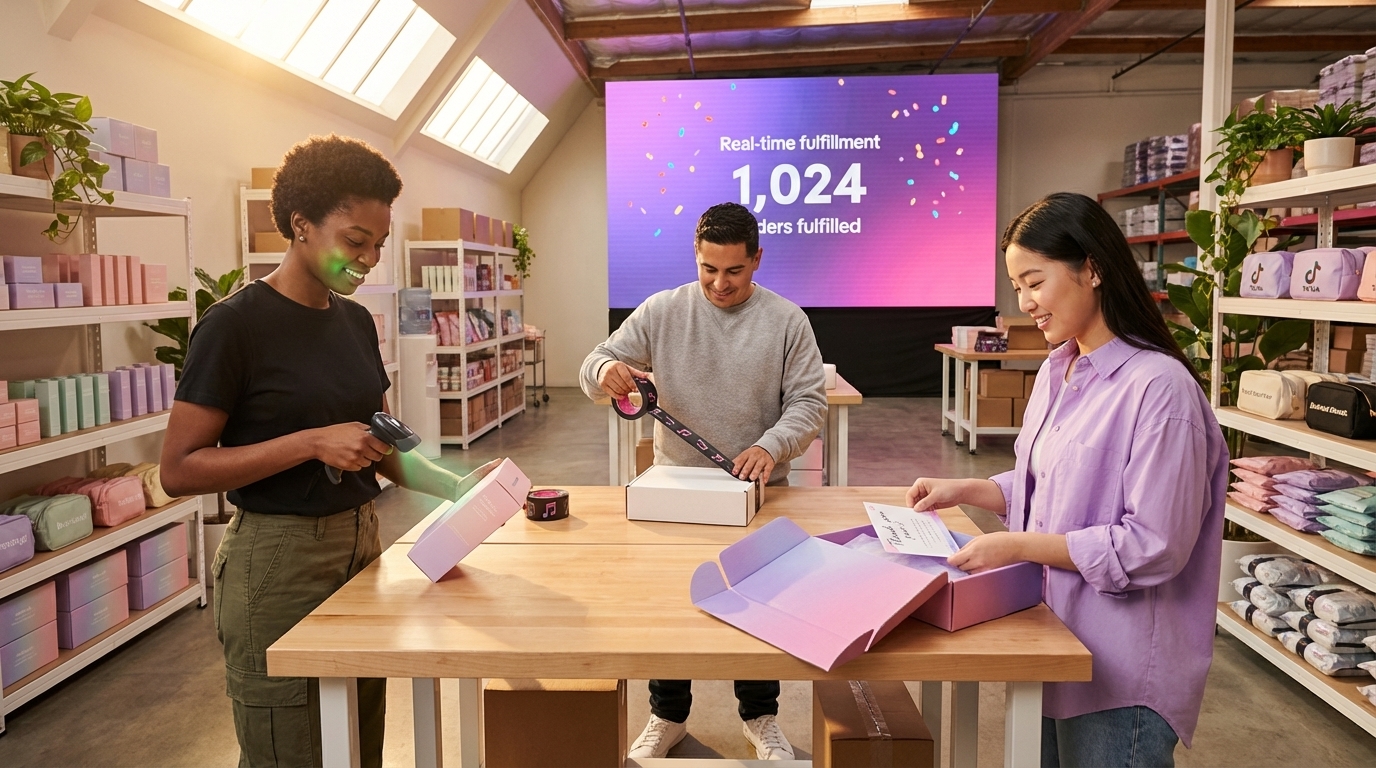 Happy team packing TikTok Shop orders in organized warehouse with daily order counter on screen