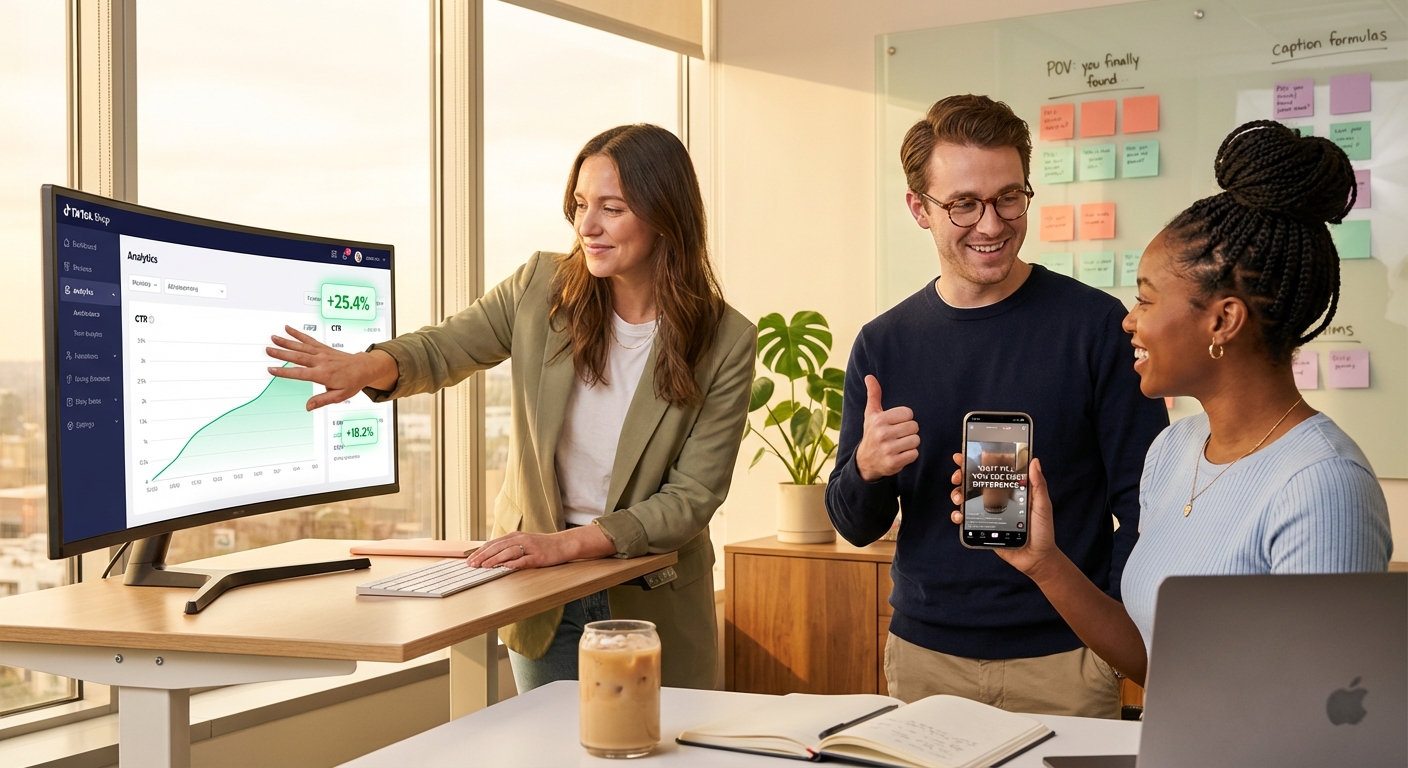 Marketing team celebrating high TikTok Shop ad click-through rates on analytics dashboard with text overlay strategy whiteboard