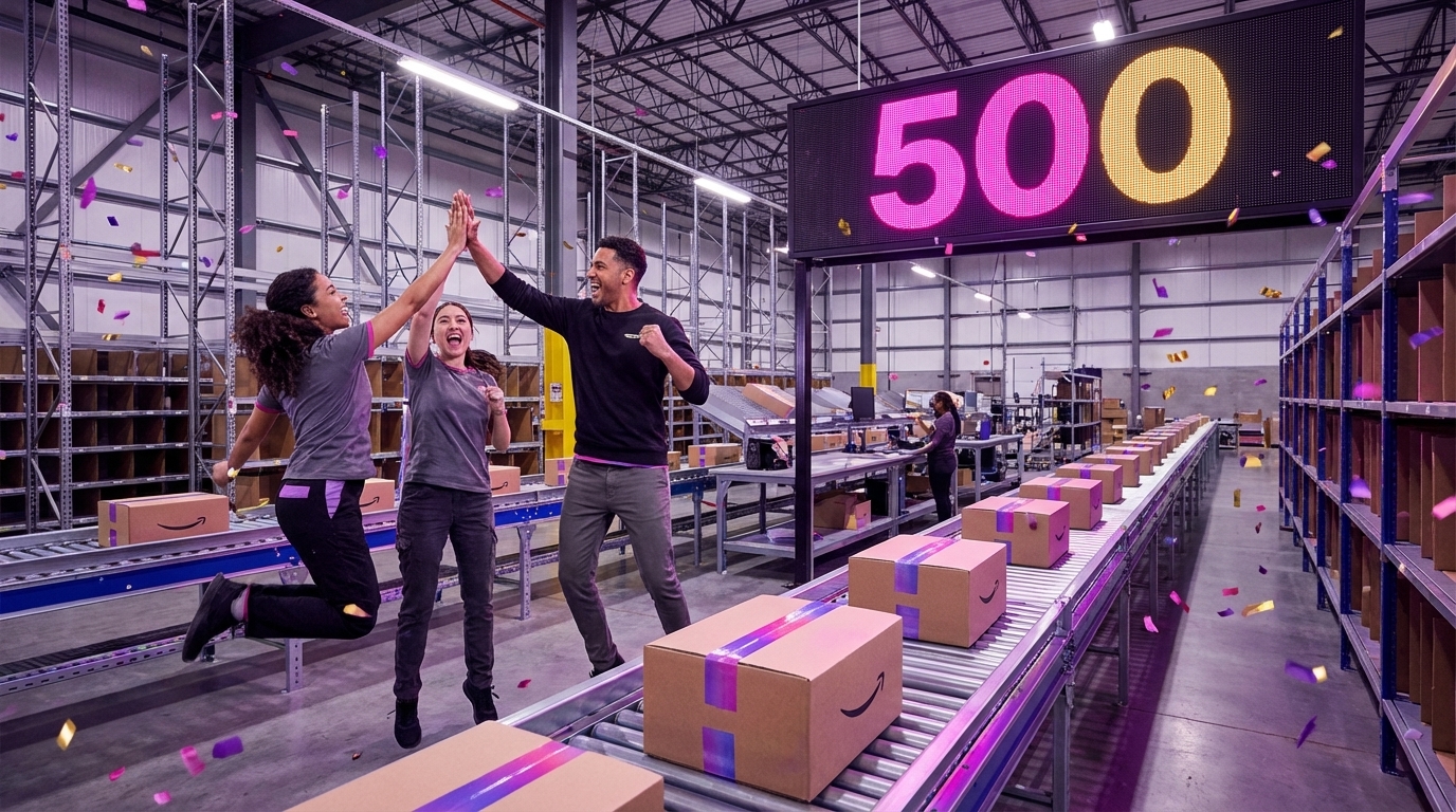 TikTok Shop fulfillment team celebrating order surge in organized warehouse with shipping boxes and orders dashboard