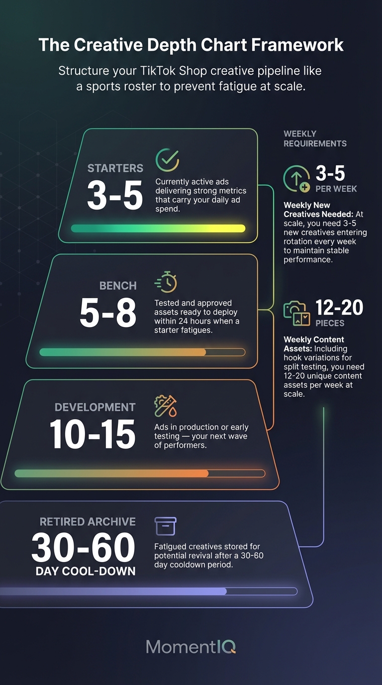 Pyramid infographic showing TikTok Shop creative depth chart framework with four tiers from 3-5 starter creatives to retired archive with 12-20 weekly content assets needed at scale