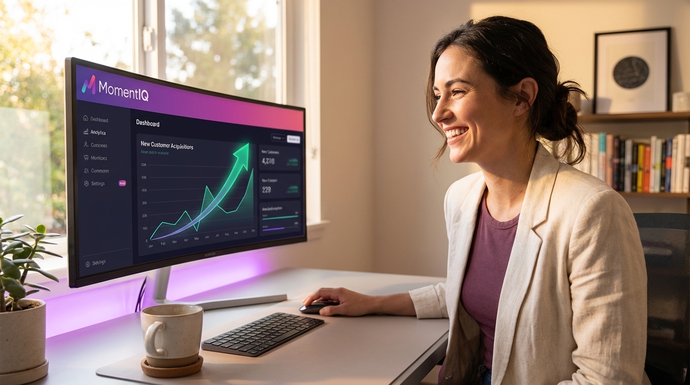 Brand owner confidently reviewing TikTok Shop sales dashboard with new customer acquisition spike.