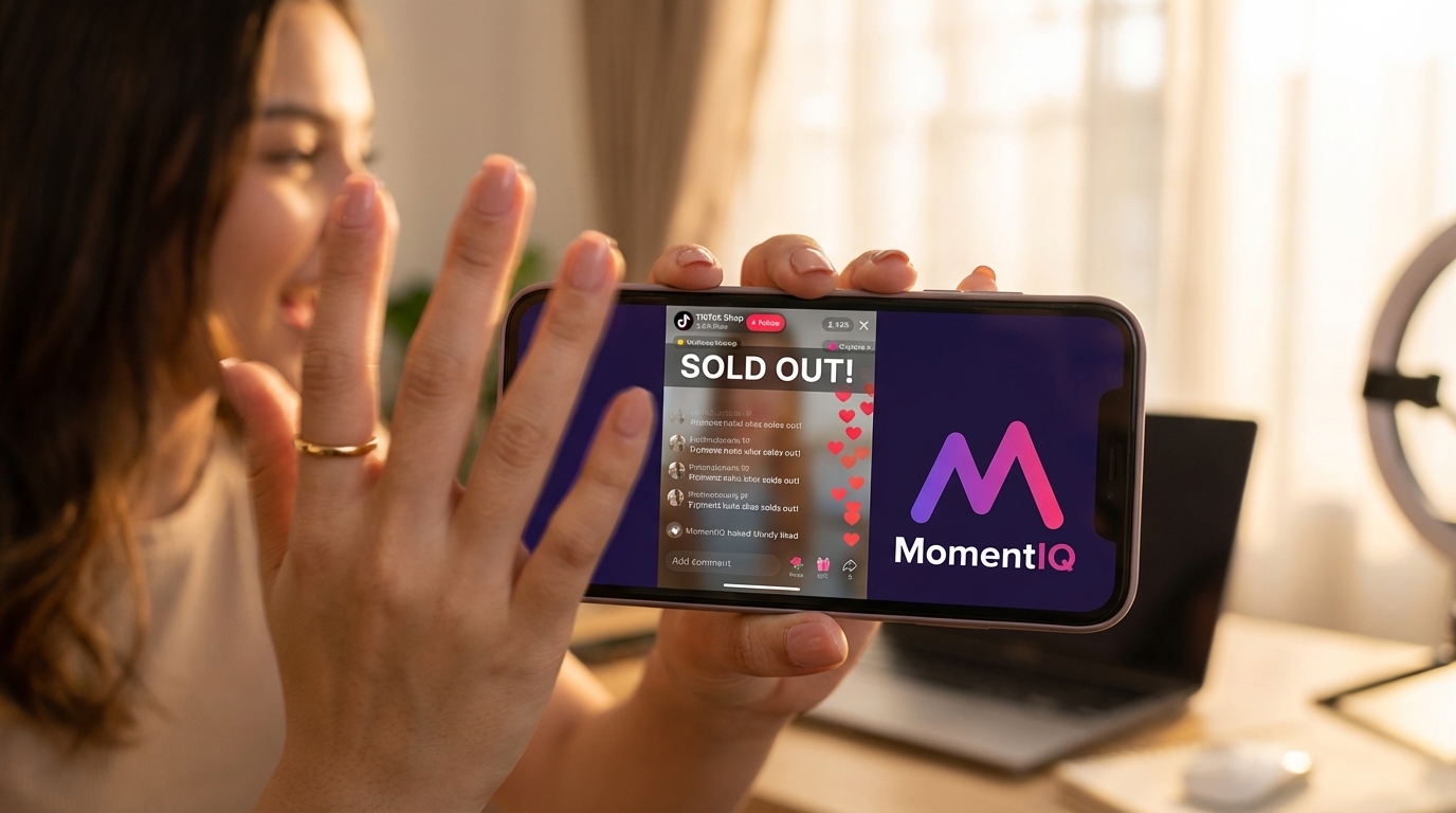 Close-up of a TikTok Shop live stream screen showing 'SOLD OUT!' and heart emojis.