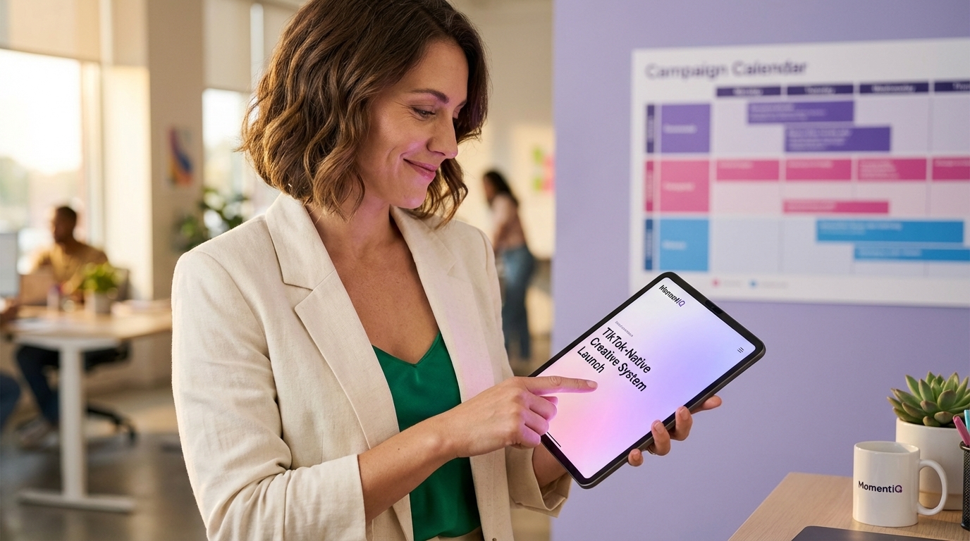 Confident marketing director highlighting a 'TikTok-Native Creative System Launch' plan.