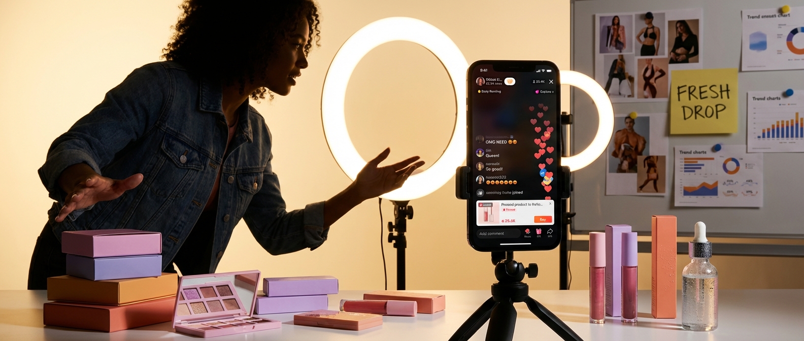 Creator filming fresh TikTok Shop live shopping content in a vibrant ring-lit studio setup