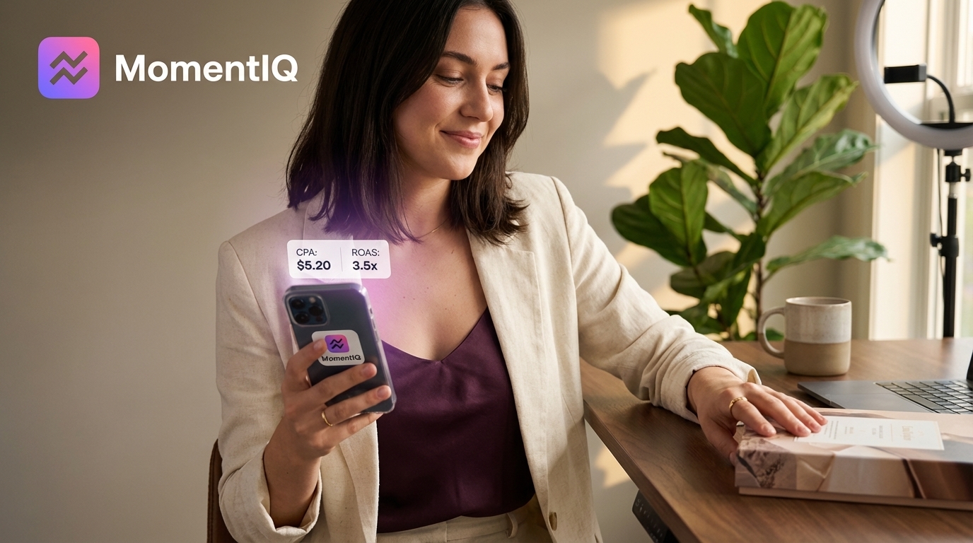 Entrepreneur reviewing profitable TikTok Shop ad campaign performance on her phone.