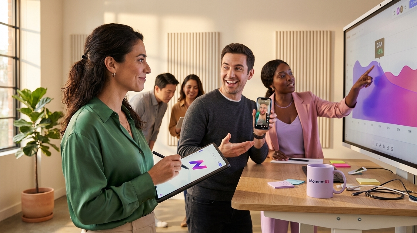 Marketing team excitedly brainstorming innovative TikTok Shop ad concepts on an interactive screen.