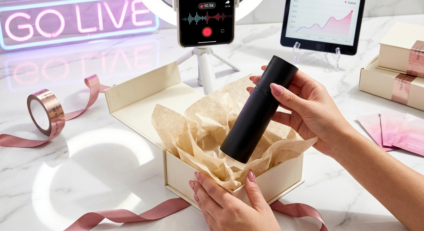 Aesthetic TikTok Shop product unboxing being filmed with phone on tripod showing recording interface