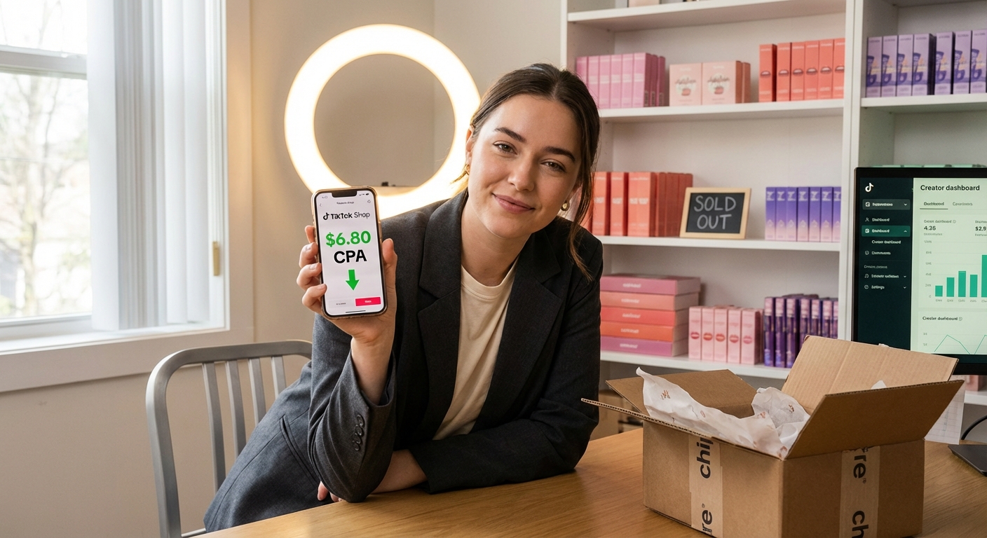 Confident TikTok Shop seller proudly showing low CPA results on phone in creator studio setup