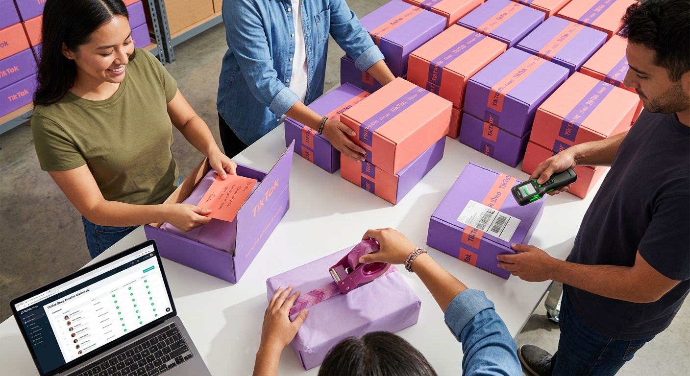 Team preparing TikTok Shop product seeding packages with brand voice cards personalized notes and branded packaging