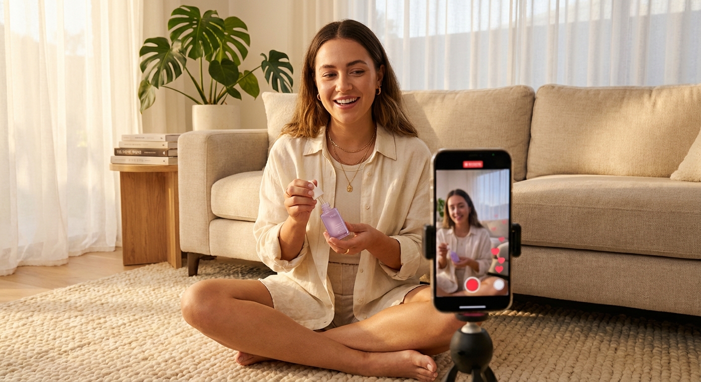 Joyful creator recording authentic POV testimonial for TikTok Shop product in sunlit living room