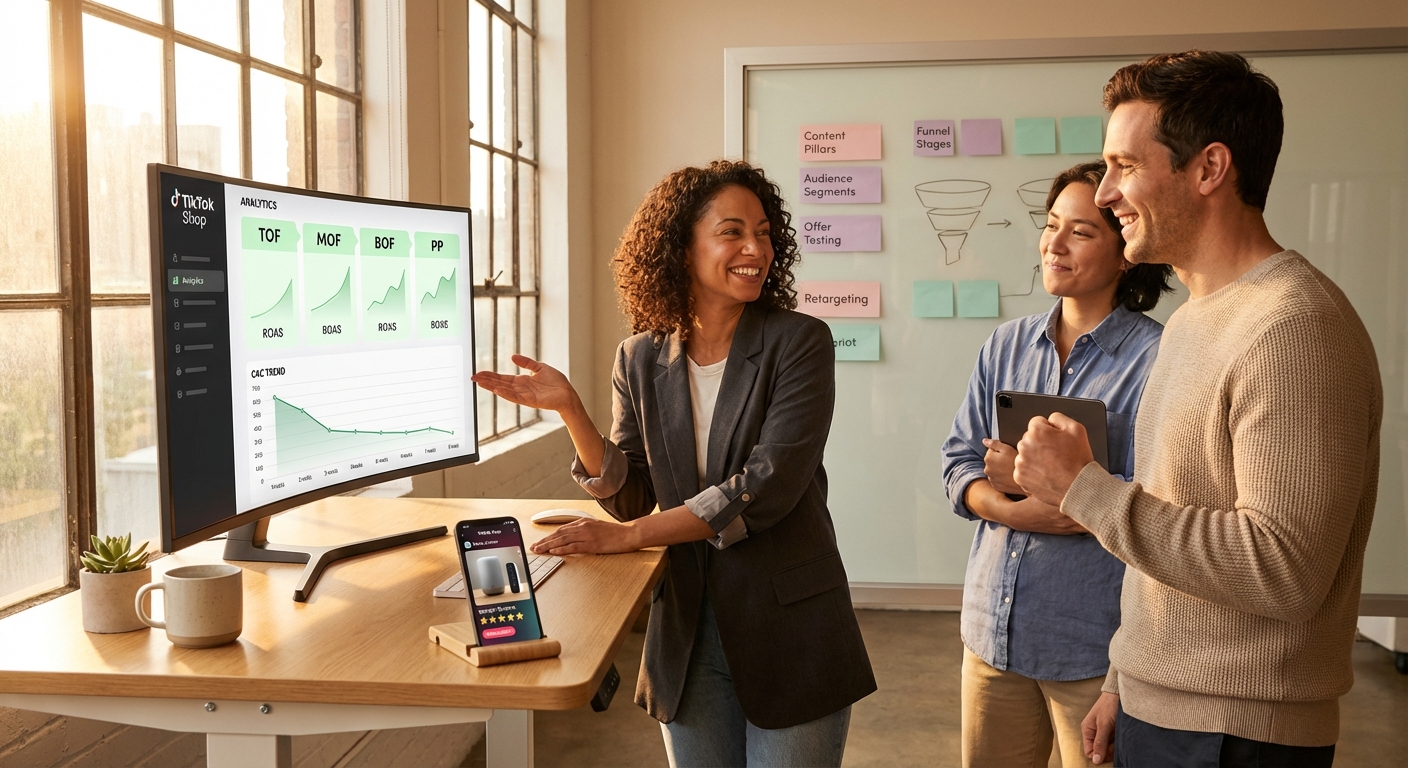 Brand team confidently reviewing TikTok Shop full-funnel ad strategy on analytics dashboard showing declining customer acquisition costs
