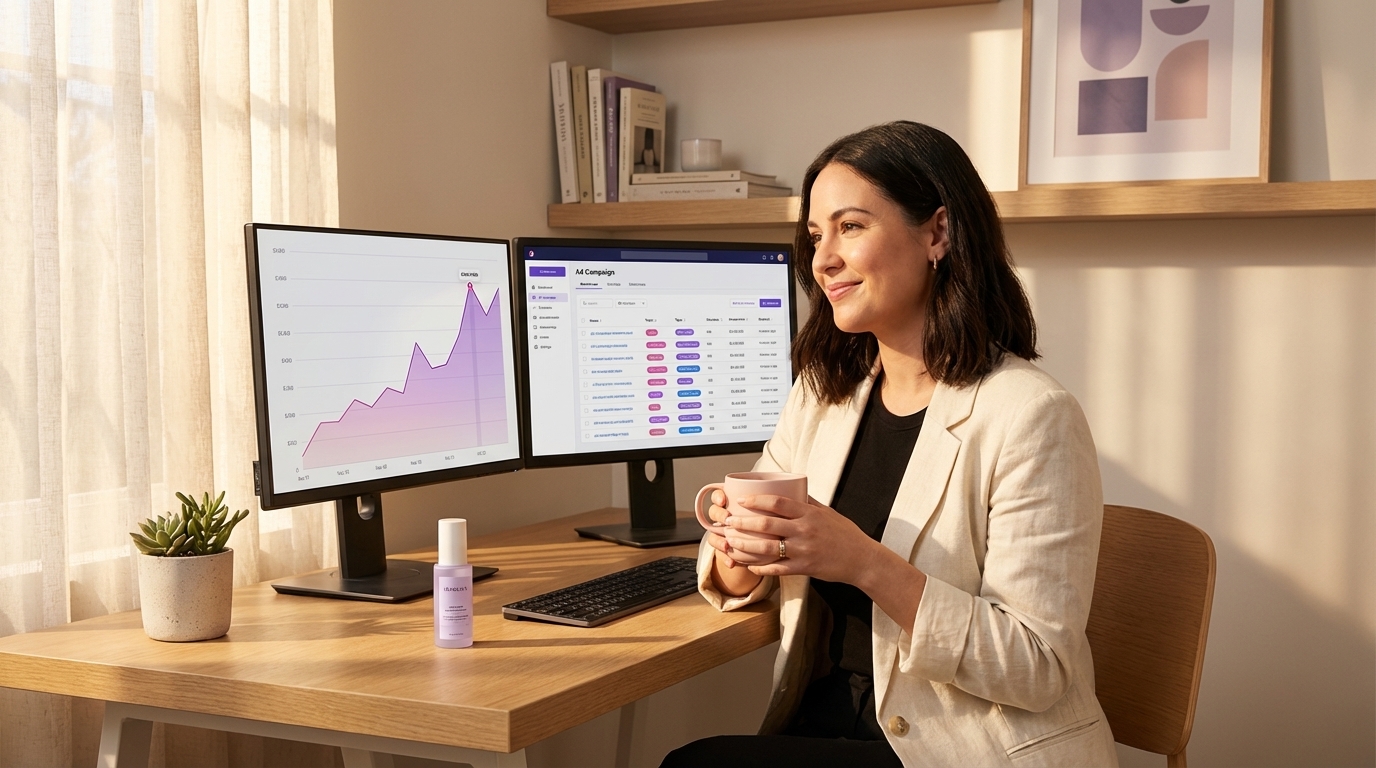 Confident TikTok Shop brand founder reviewing peak GMV analytics and organized ad campaign structure