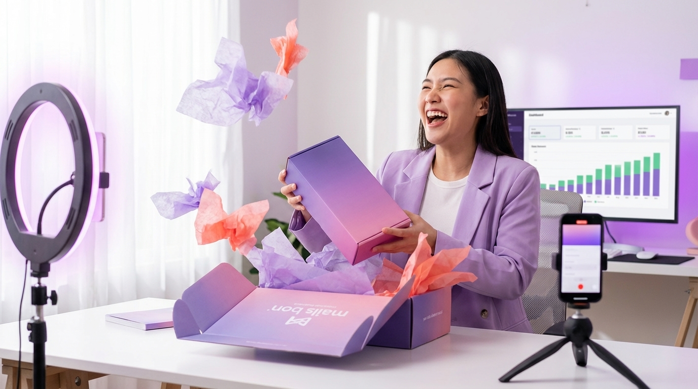 Creator excitedly unboxing TikTok Shop product seeding package with branded packaging and content creation setup