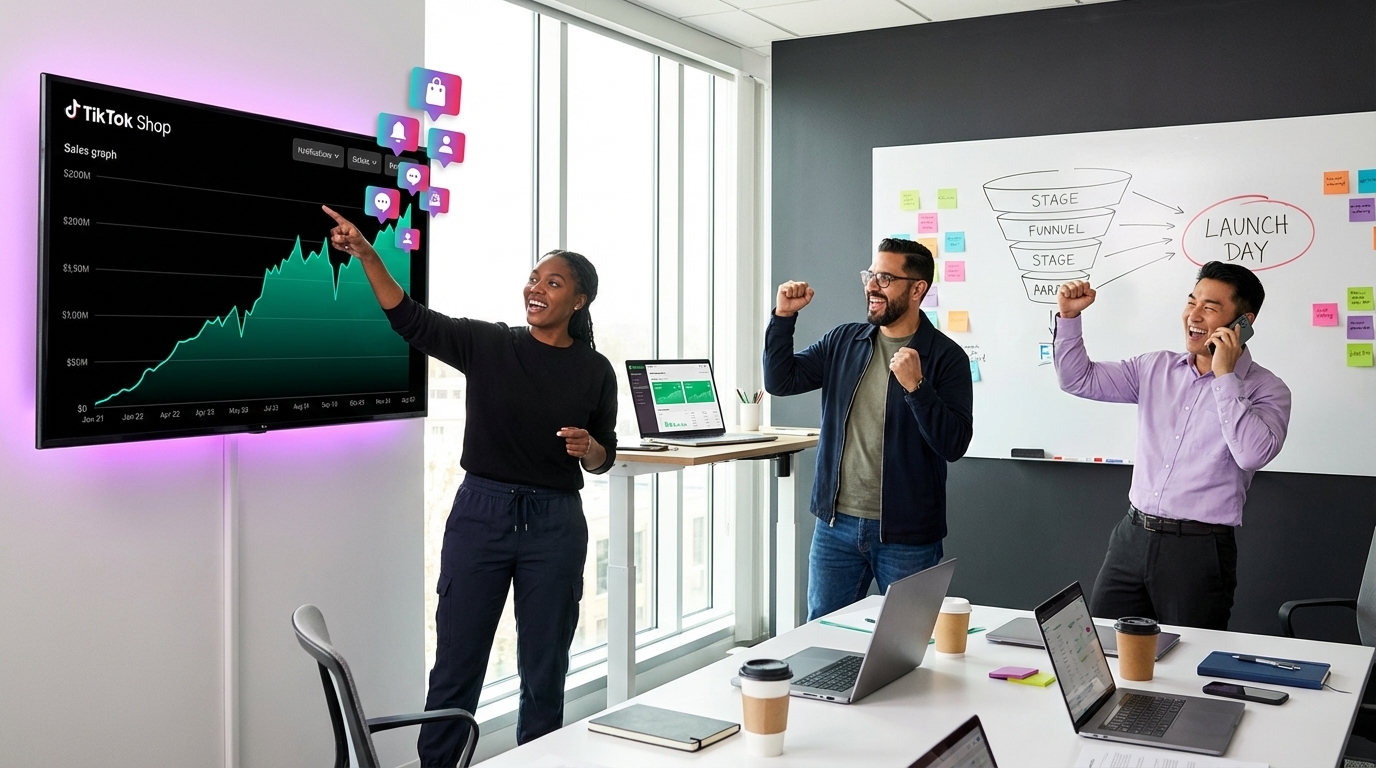 Excited marketing team launching TikTok Shop full-funnel ad campaign in war room with real-time sales notifications