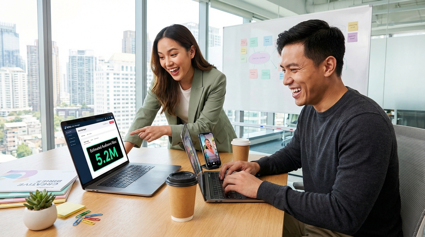 Marketing strategists confidently building TikTok Shop lookalike audience targeting in Ads Manager with large audience pools