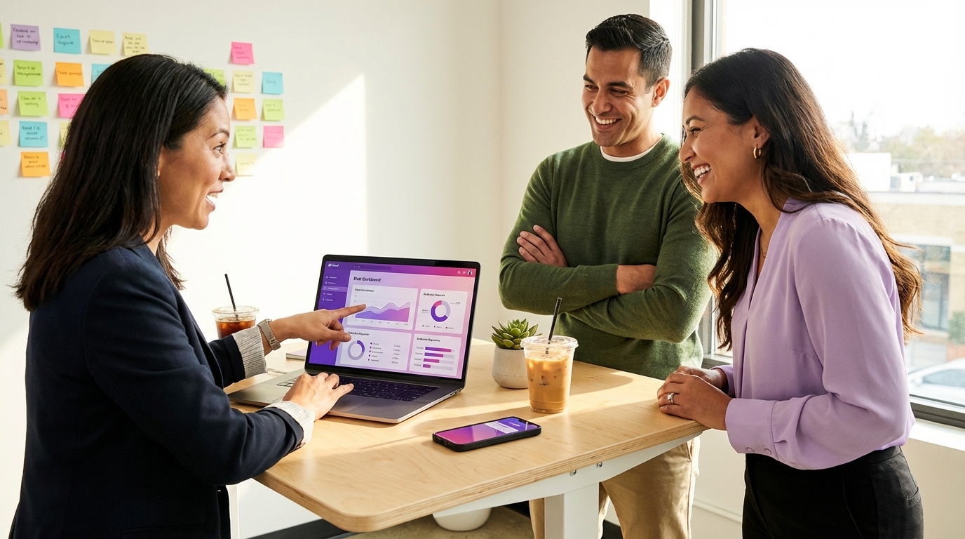 Marketing team collaborating on TikTok Shop retargeting audience strategy at bright modern workspace