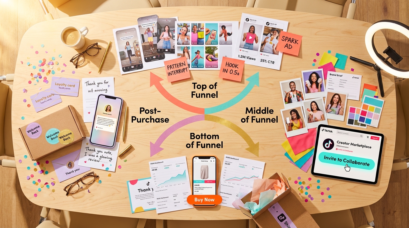 Overhead view of TikTok Shop four-stage full-funnel campaign strategy blueprint with product listings creators and analytics