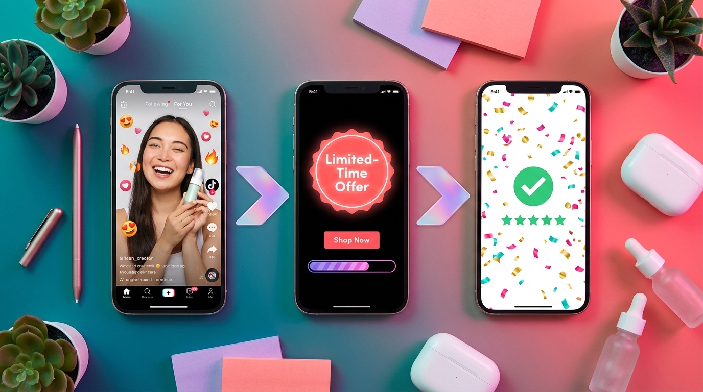 Three-stage TikTok Shop ad funnel journey from awareness Spark Ad to retargeting to purchase conversion