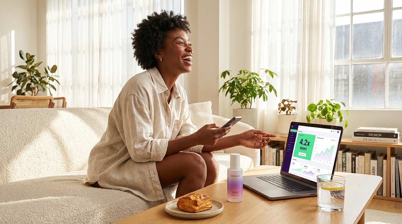 TikTok Shop brand owner celebrating 1000 monthly orders milestone with strong ROAS on laptop