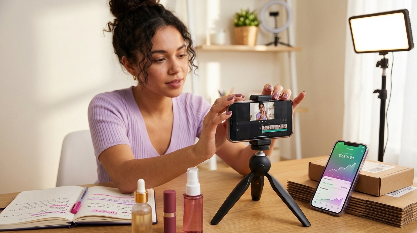 TikTok Shop creator workspace with phone editing setup products and affiliate commission dashboard