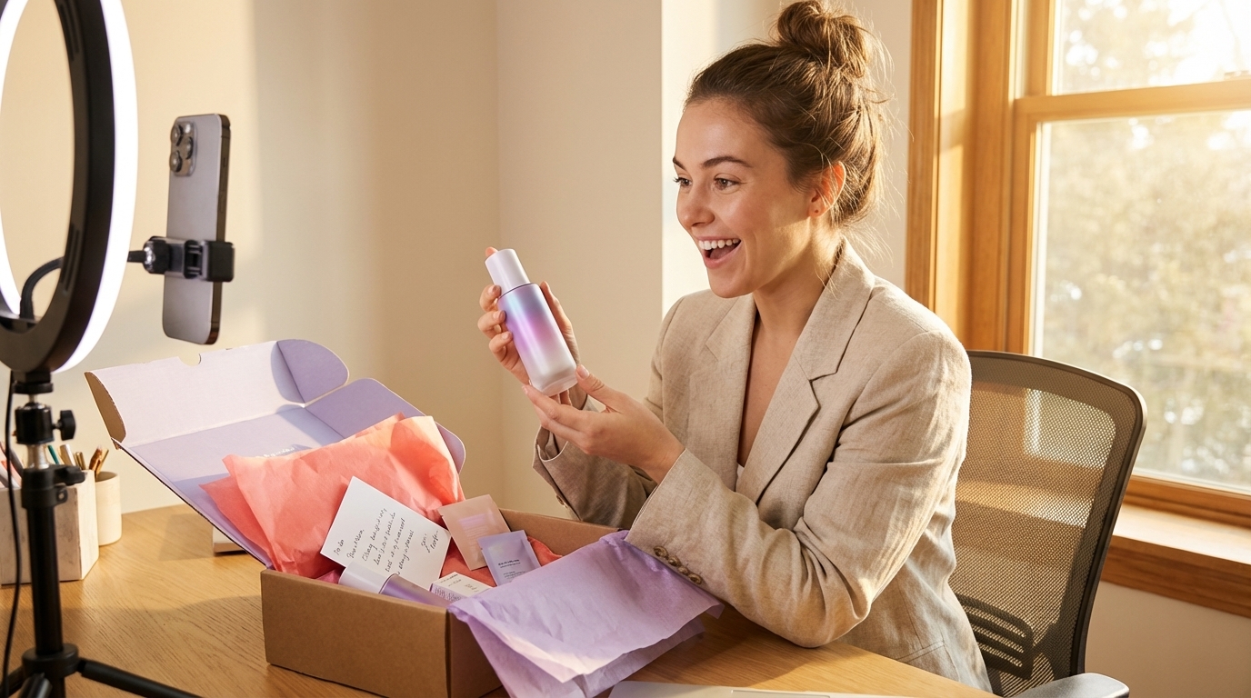 Cheerful workers preparing TikTok Shop product seeding packages in a fulfillment center