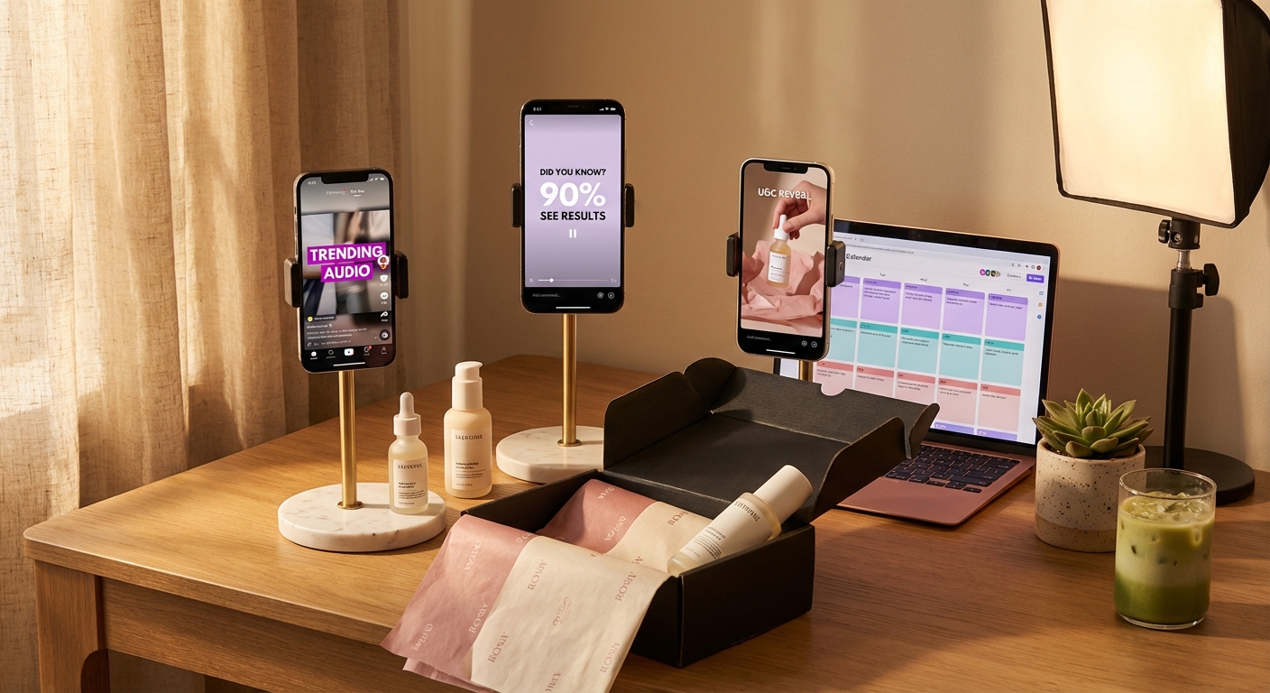 TikTok Shop live selling creator studio setup with scripting framework on whiteboard and products ready for demo