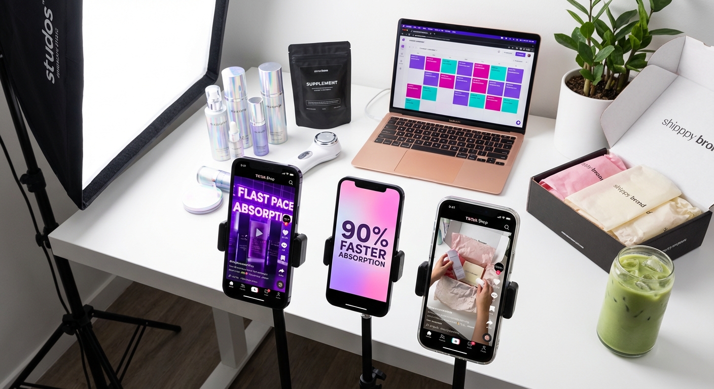 TikTok Shop live selling creator studio setup with scripting framework on whiteboard and products ready for demo