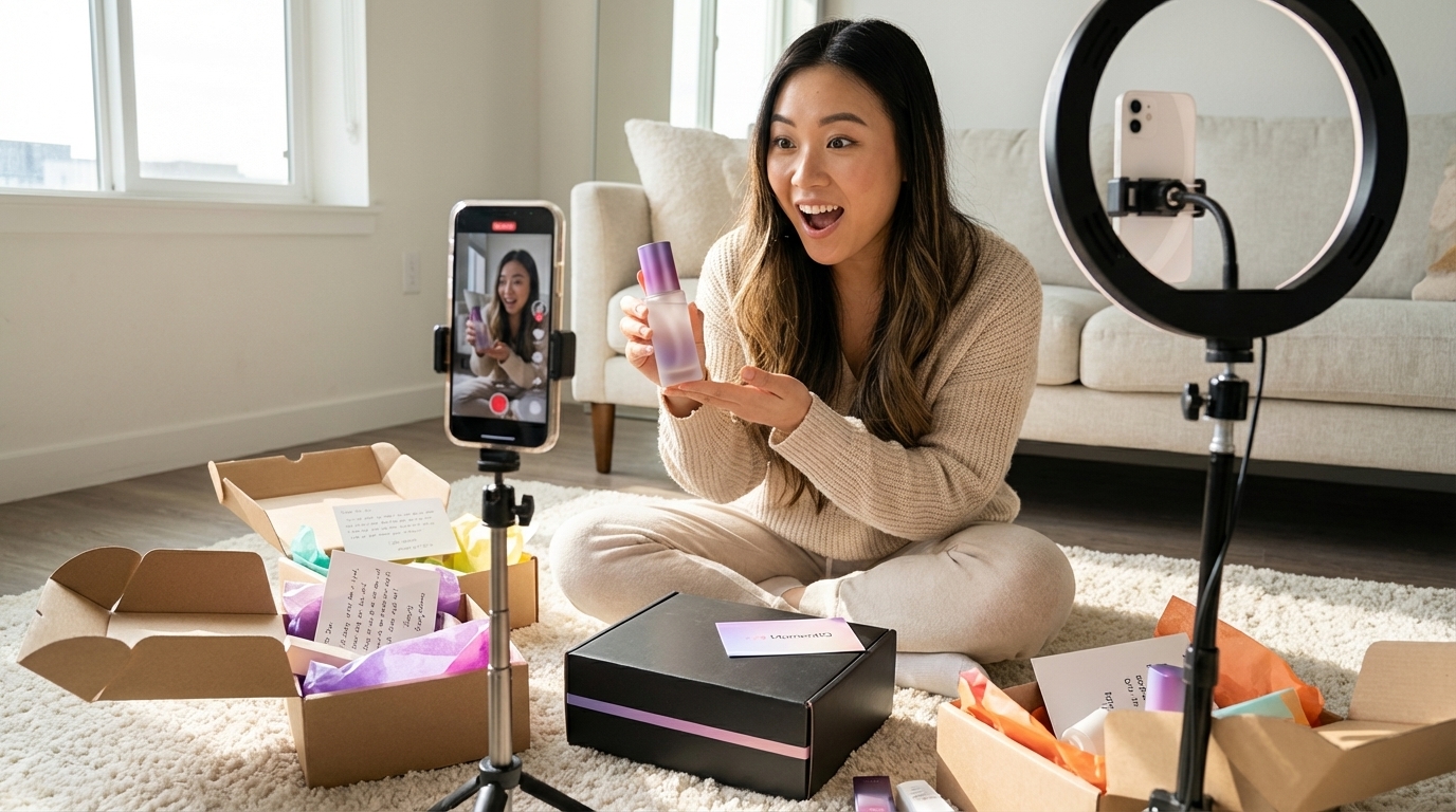 TikTok creator joyfully opening multiple TikTok Shop product packages in studio with analytics dashboard