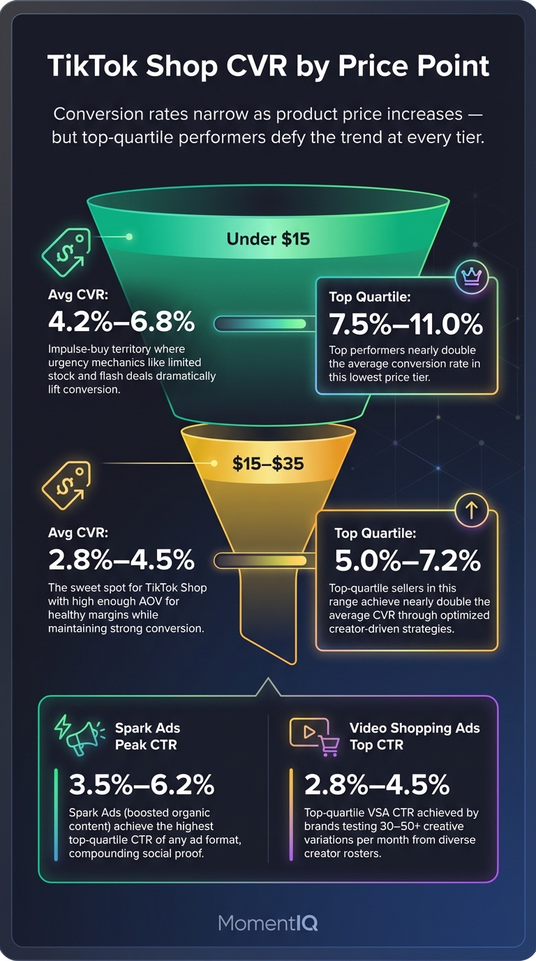 Funnel infographic showing TikTok Shop 2025 conversion rate benchmarks by price point with average and top-quartile CVR